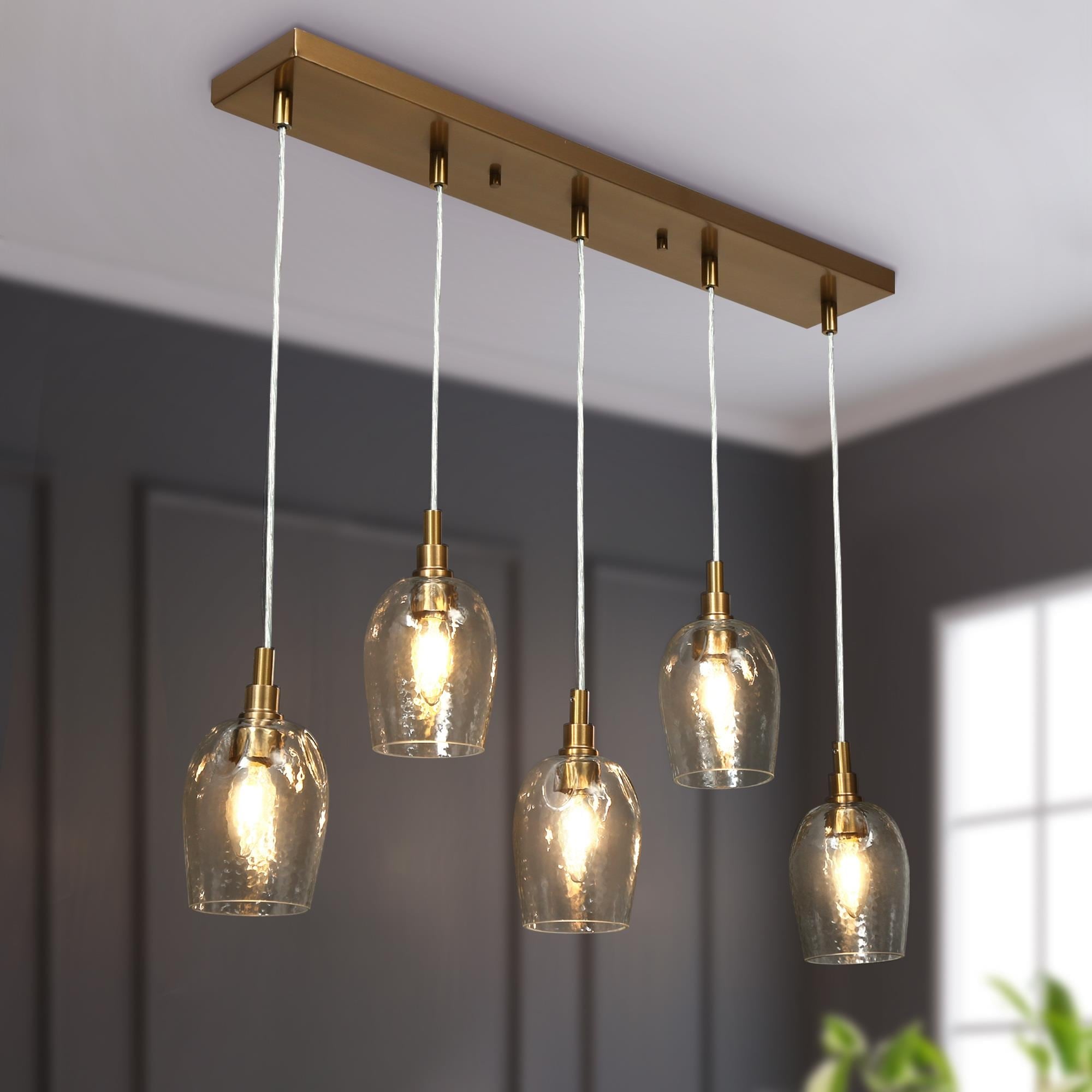 Denan Modern Contemporary Transitional 5 Lights Gold Cluster Linear Chandelier Island Pendant Lights Bar for Dining Room