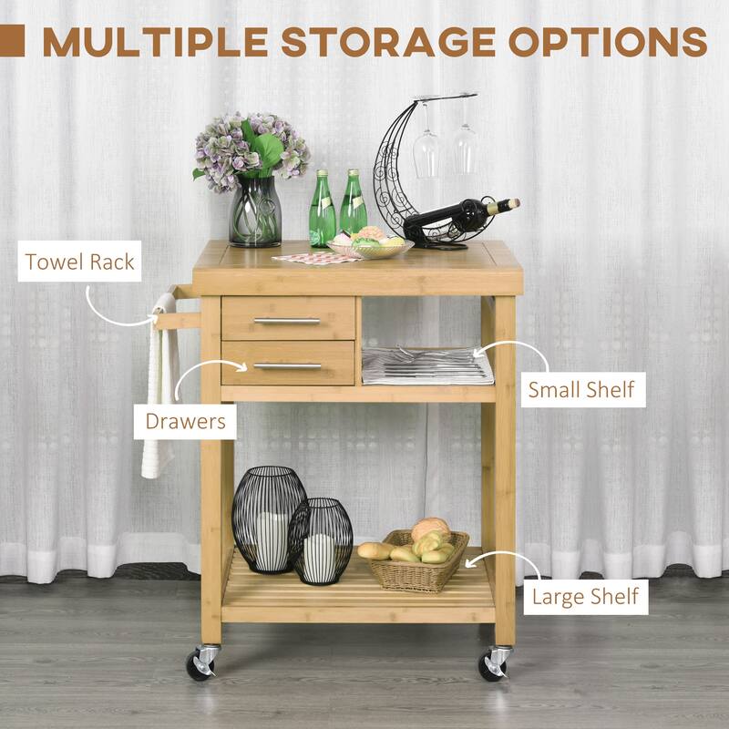 HOMCOM Bamboo Rolling Kitchen Island Trolley Utility Cart with Rolling Wheels, 2 Storage Drawers & Adjustable Shelving