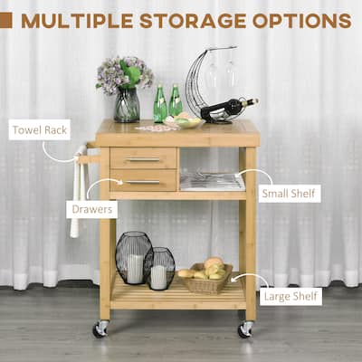 Kitchen Island with Bamboo Butcher Block, Rolling Cart with Storage Drawers, Kitchen Cabinet with Open Shelves