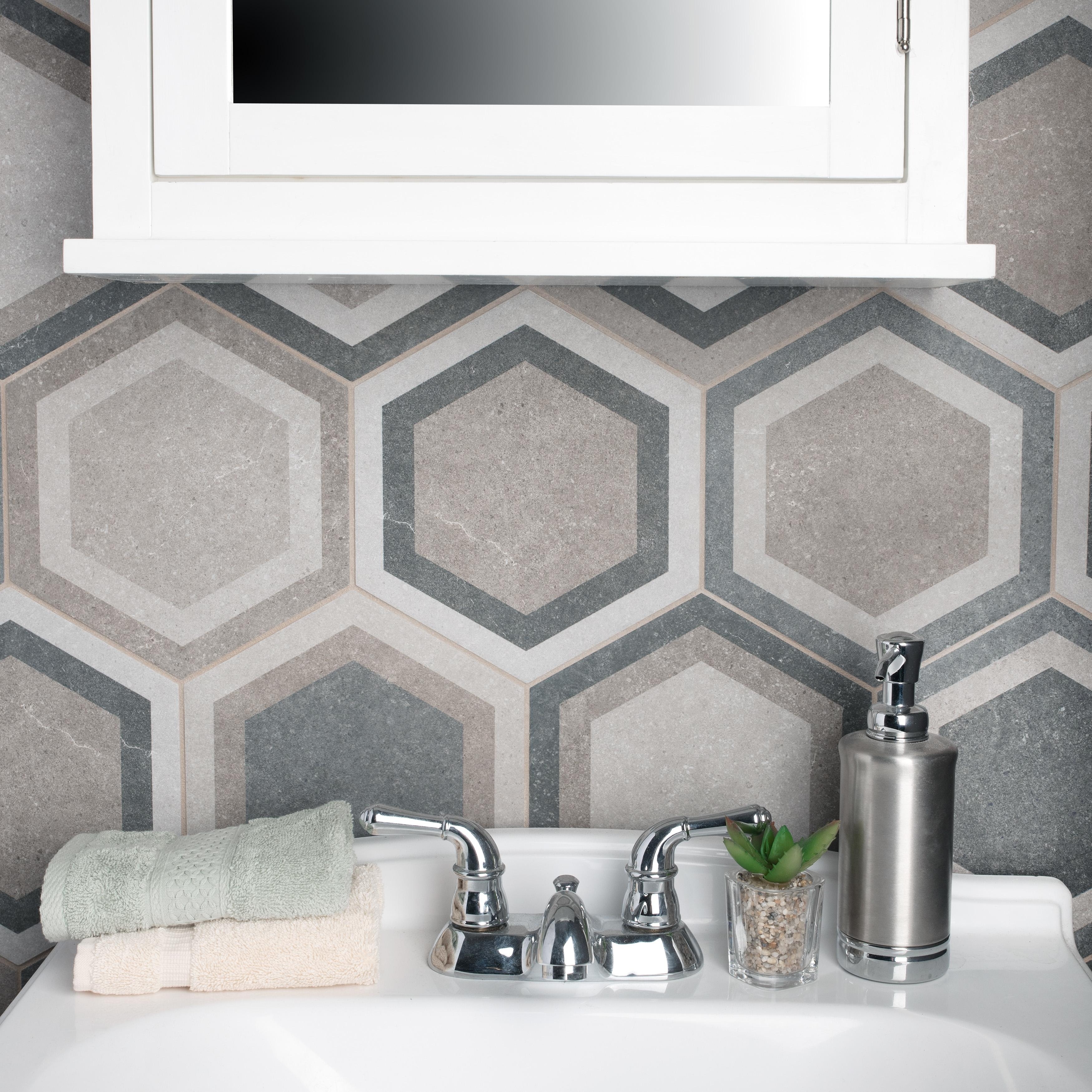 Merola Tile Traffic Hex Combi Grey 8-5/8" x 9-7/8" Porcelain Floor and Wall Tile