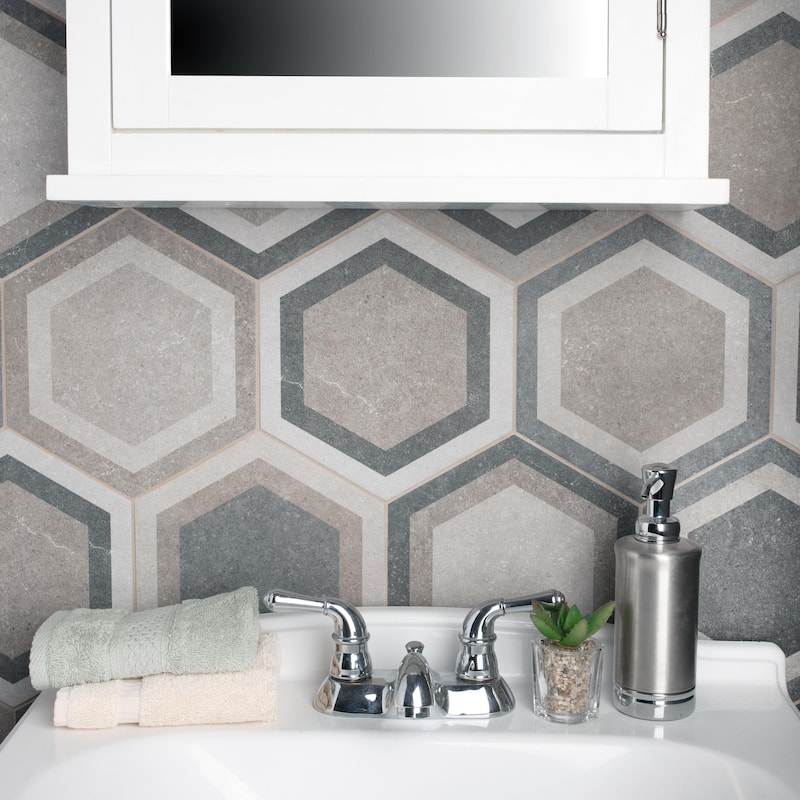 Merola Tile Traffic Hex Combi Grey 8-5/8" x 9-7/8" Porcelain Floor and Wall Tile - Grey - Case (25 Tiles)
