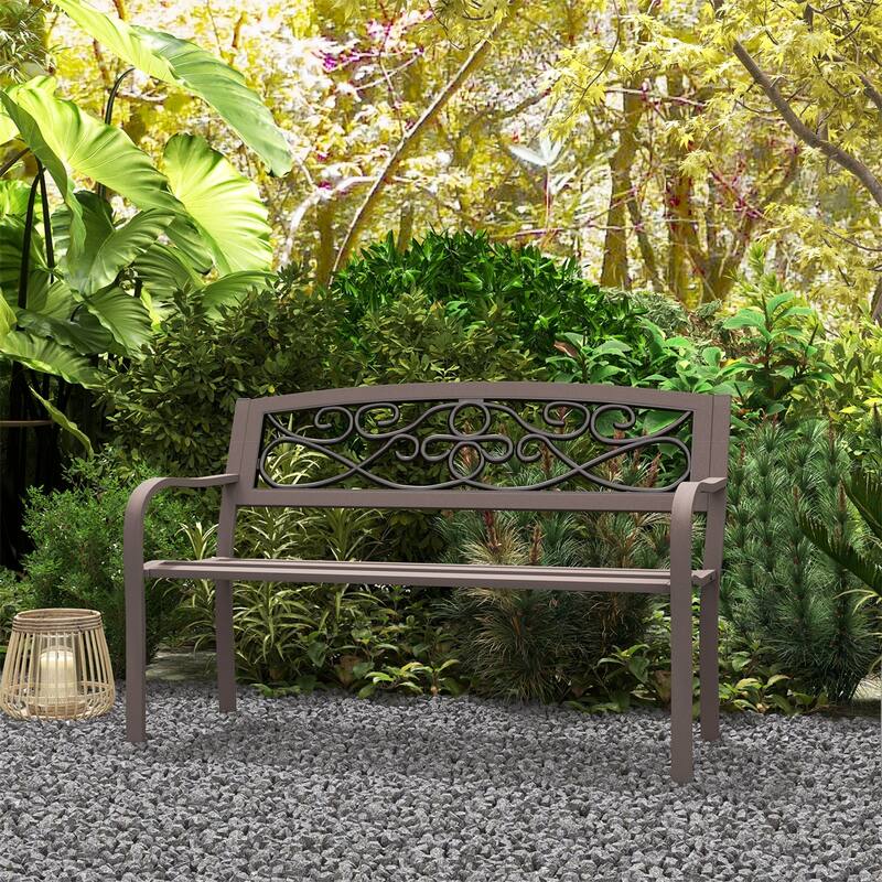 Two Curved Seats Outdoor Garden Bench with Floral Backrest and Steel Frame Armrests - 50" W x 24.4" D x 33.9" H