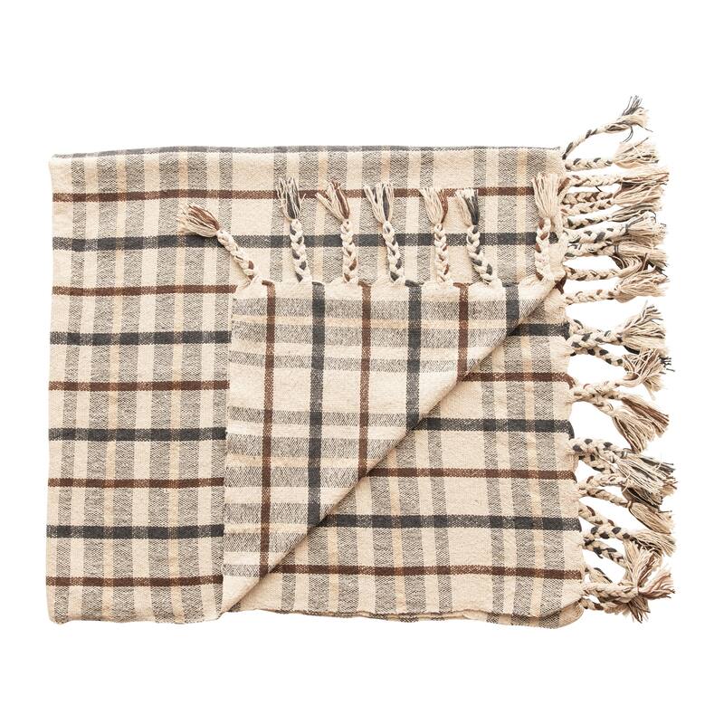 Woven Recycled Cotton Blend Plaid Throw with Tassels, Charcoal Color & Brown
