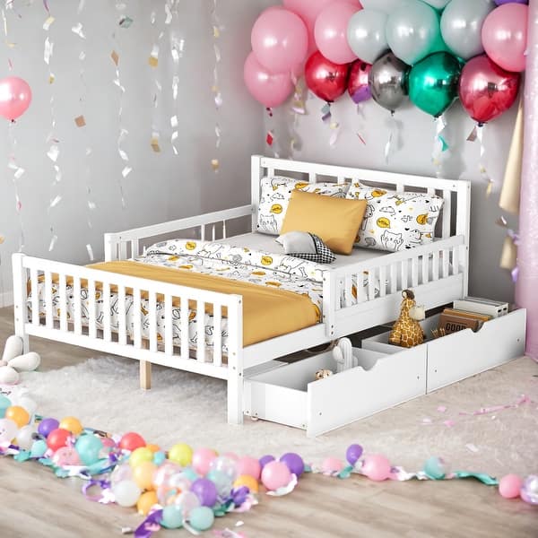 slide 2 of 17, Full Size Kids Platform Bed with 2-Storage Drawers, Wood Children Bed Frame with Guardrails on Both Sides for Bedroom, White White