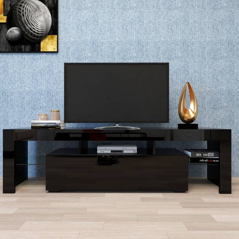 LED TV Stand with 20 Colors & Remote, High Gloss Black Finish for Living Room, 63"