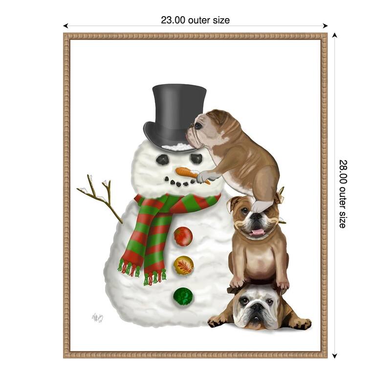 Christmas English Bulldogs Building Snowman by Fab Funky (23 x 28 in.), Framed Canvas Wall Art Print