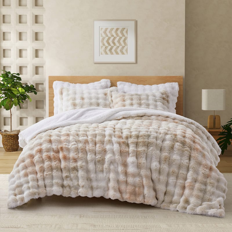 3 Pieces Fluffy Faux Rabbit Fur Comforter Set, Plush Fuzzy Bedding Set for Winter - Queen - Brown