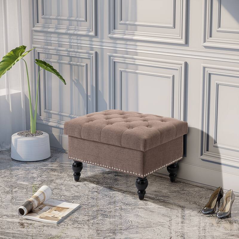 HOMCOM Storage Ottoman with Removable Lid, Button-Tufted Fabric Bench for Footrest and Seat with Wood Legs - Coffee