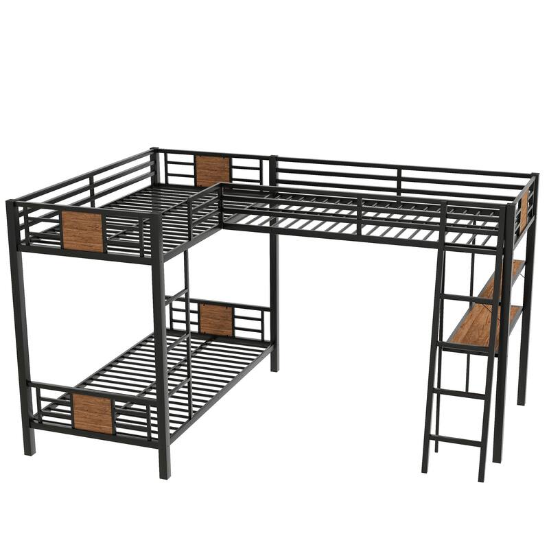 L-Shaped Twin over Twin Bunk Bed with Loft Bed, Desk, and Shelf, Brown