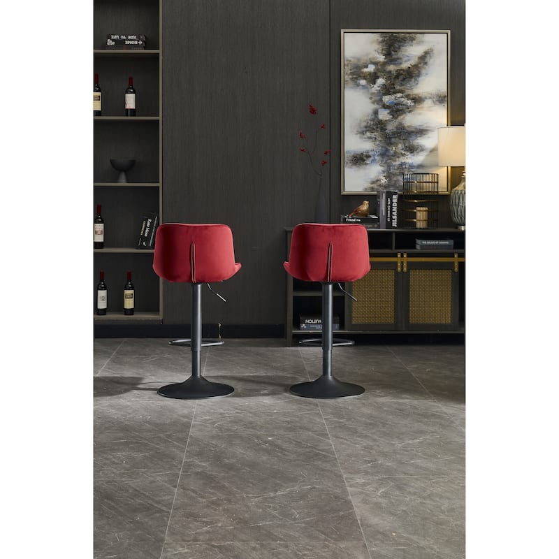 Set of 2 Adjustable Swivel Bar Stools, Red Velvet with Chrome Footrest & Blackened Legs