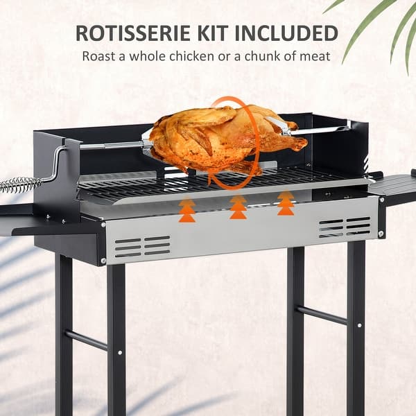 Outsunny BBQ Rotisserie Grill Roaster Charcoal Spit Roasting Machine for Chicken Turkey w/ Grill Grate, Shelves & Wind Deflector