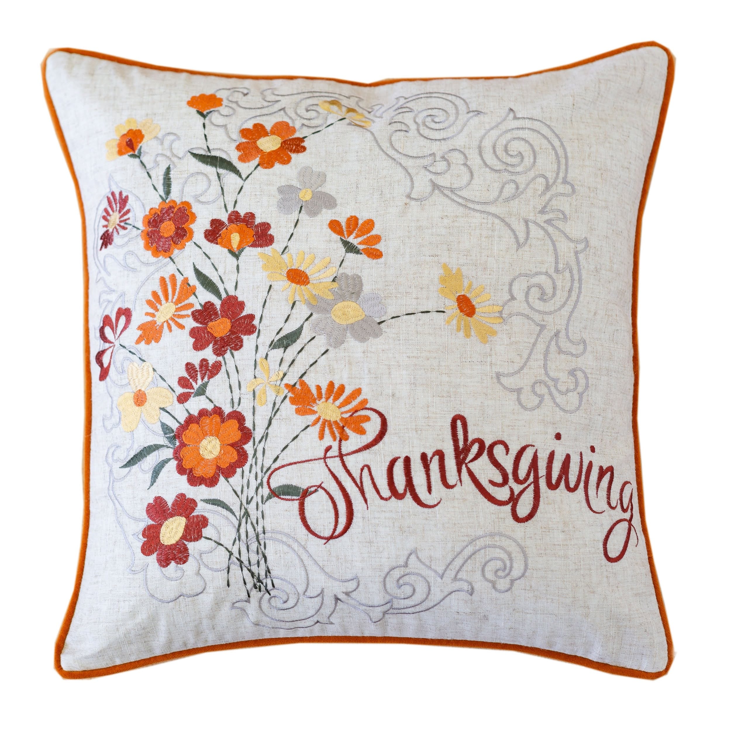 Thanksgiving Embroidered Floral Throw Pillow - Autumn Harvest Accent Cushion