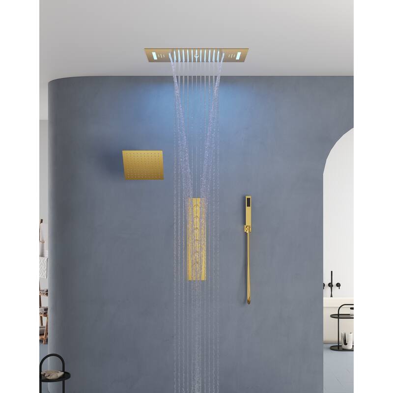 Dual Shower Heads System with 3 Spray Modes 22"*15" Ceiling and 6" Wall Mount Body Jets Handheld Spray LED Music - Brushed Gold