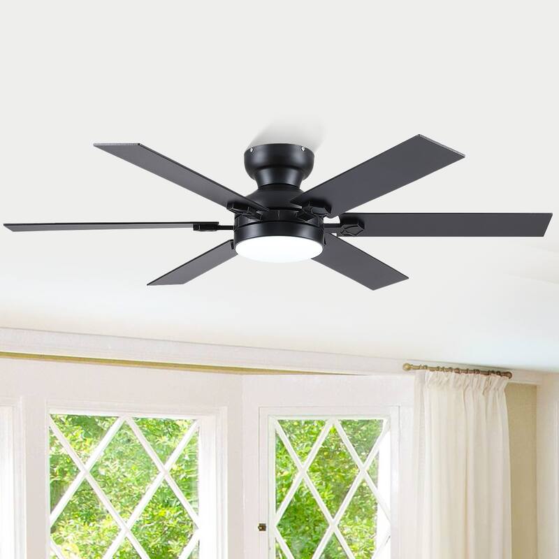 52 Inch Flush Mount Ceiling Fan with Light,8 Blades,Reversible Airflow - 52 Inches - Black