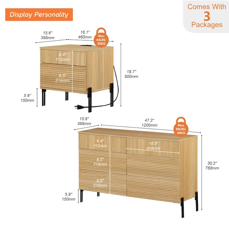 WAMPAT 3-Piece Modern Bedroom Set, 47" Fluted Dresser with 6 Drawers & 2 Nightstands with Charging Station, Oak
