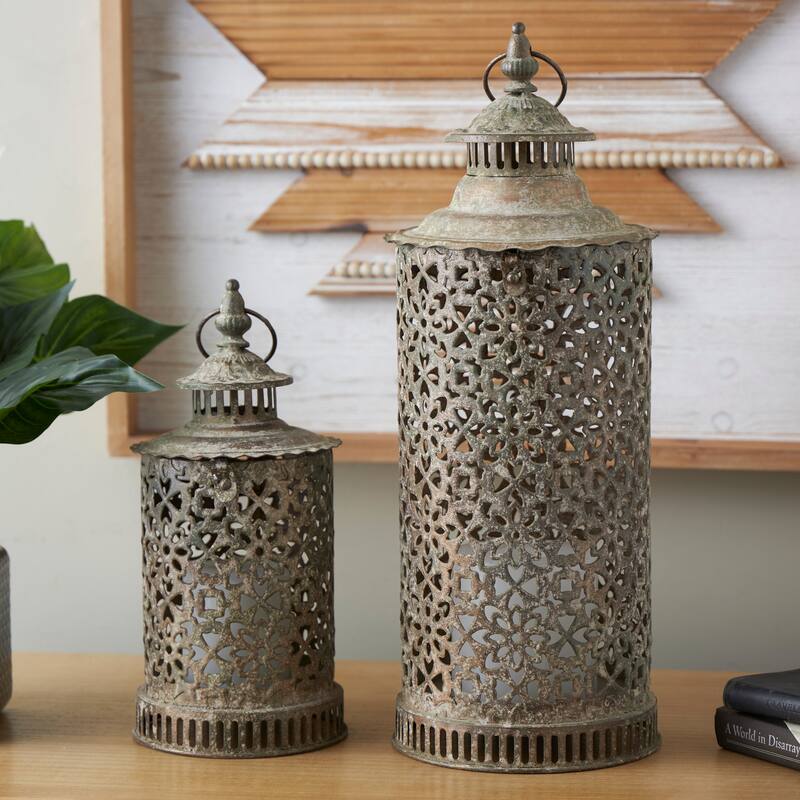 Brown Metal Distressed Vintage Inspired Ornate Scroll Candle Lantern (Set of 2)