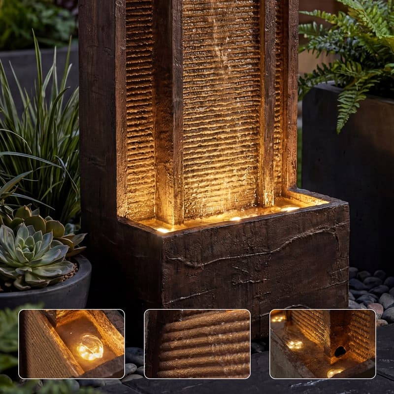 Vbal 3 Tier Brown Step Style Outdoor Water Fountain 39.76in Height with Warm Lights