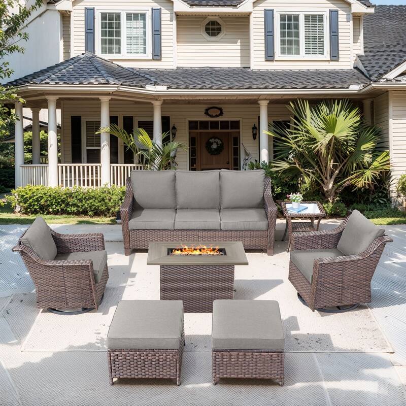 Outdoor Fire Table with Patio Funiture Set - Brwon Wicker Grey Cushion - 6PCS Sofa Chair Ottoman with Fire Table