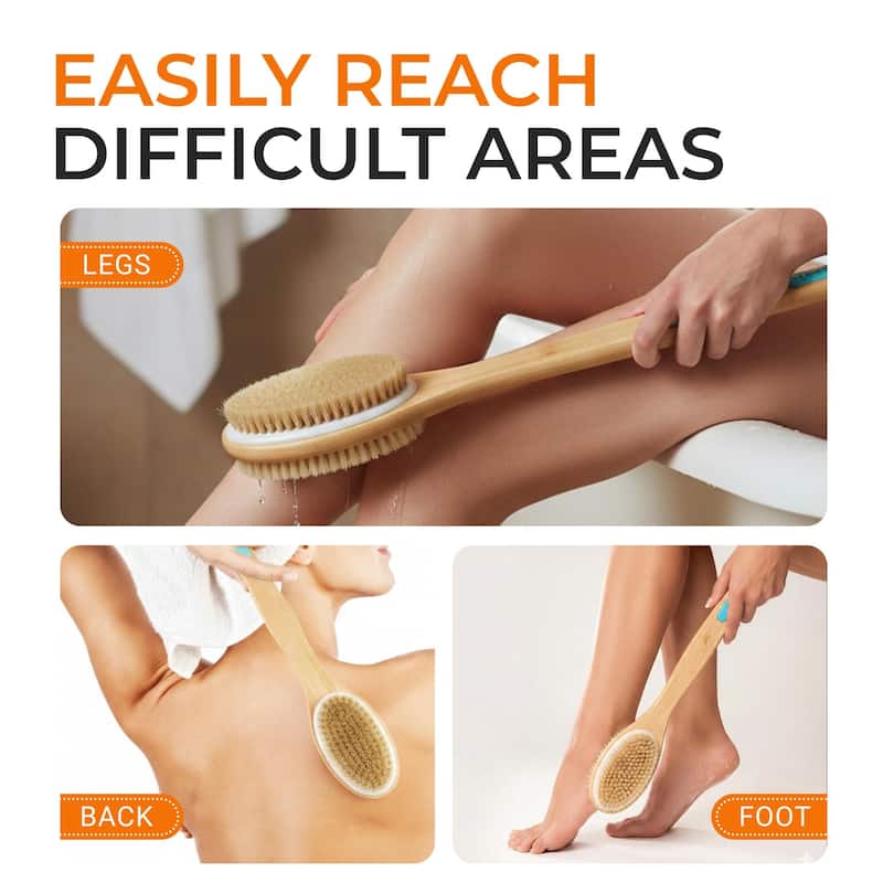 Cheer Collection Dual Sided Shower Brush Long Handle Lotus Wood 17.1 Inch Body Brush with Soft and Firm Bristles