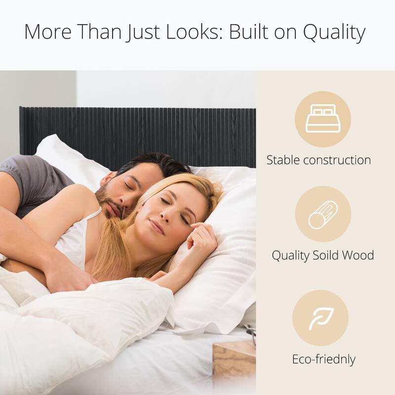 King Size Wood Headboard, Modern Farmhouse Design, Wall Mounted Fluted Panel, Black Oak Finish