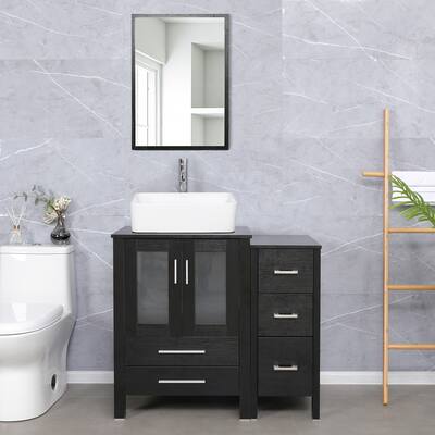 eclife 36" Bathroom Vanity Black Set with Side Cabinet Vessel Sink Mirror Faucet Combo