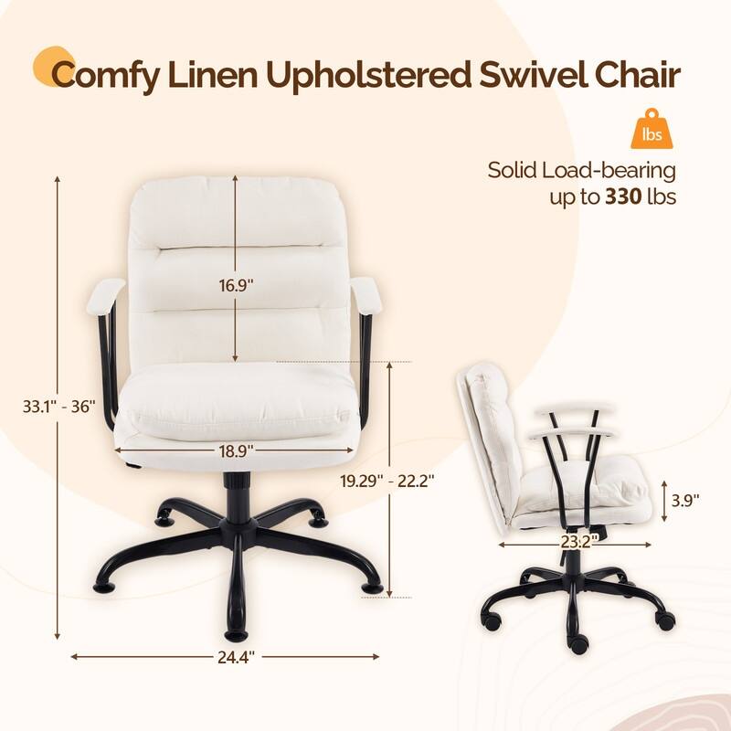 24.4 Inch Upholstered Swivel Office Chair With Leg Pegs And Wheels