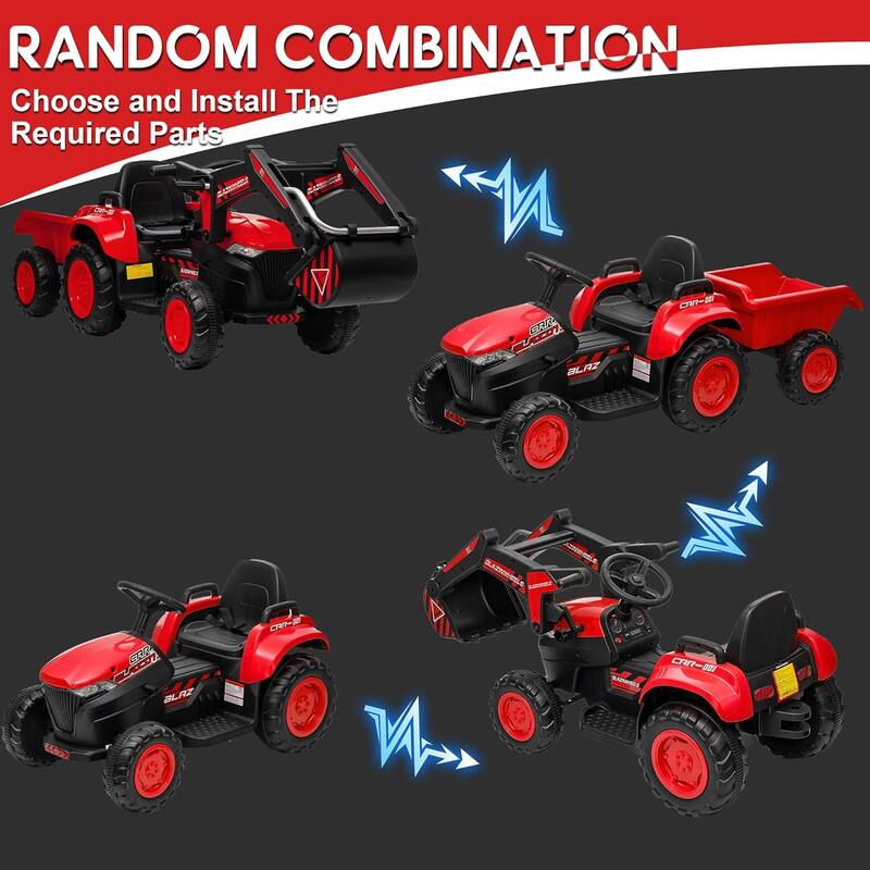 12V Kids 3 in 1 Ride on Excavator & Tractor with Detachable Trailer