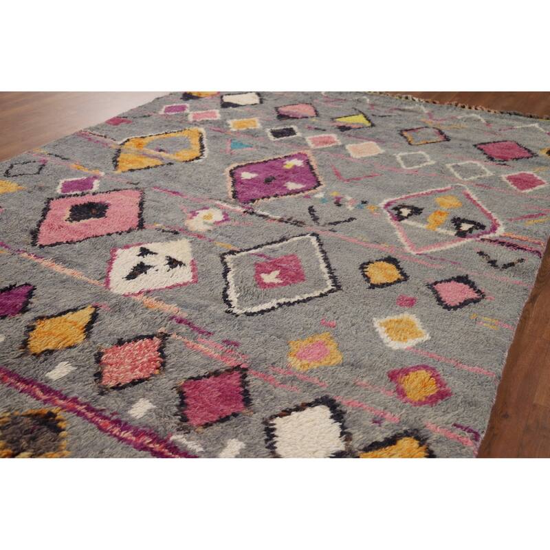 Grey Geometric Plush Moroccan Oriental Rug Hand-Knotted Wool Carpet - 6'1" x 9'5"