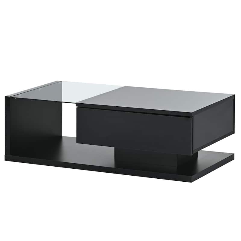 Roomfitters Modern Coffee Table with Tempered Glass Top, High Gloss 2-Tier Rectangle Center Table for Living Room