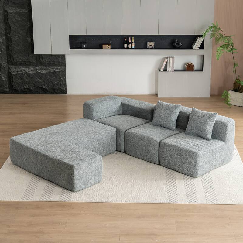 116.5" Versatile 4-Seat Sectional Sofa with Customizable 4-Piece Design in Ultra-Soft Boucle Fabric and Two Back Pillows