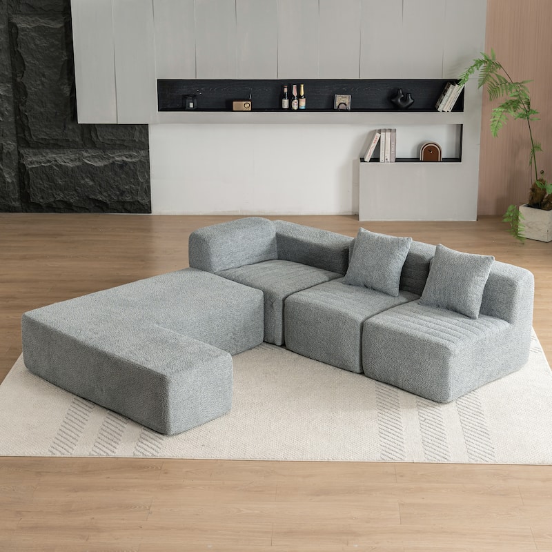 Grey 116.5" Versatile 4-Seater Sectional Sofa with Customizable 4-Piece Design in Ultra-Soft Boucle Fabric and Two Back Cushions