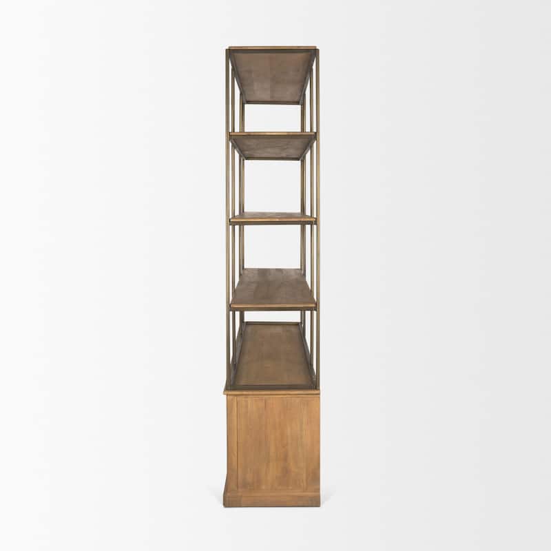 Baron Light / Dark Brown Wood w/ Antiqued Aged Brass Metal 2-Door / 4-Door Open Shelving Unit