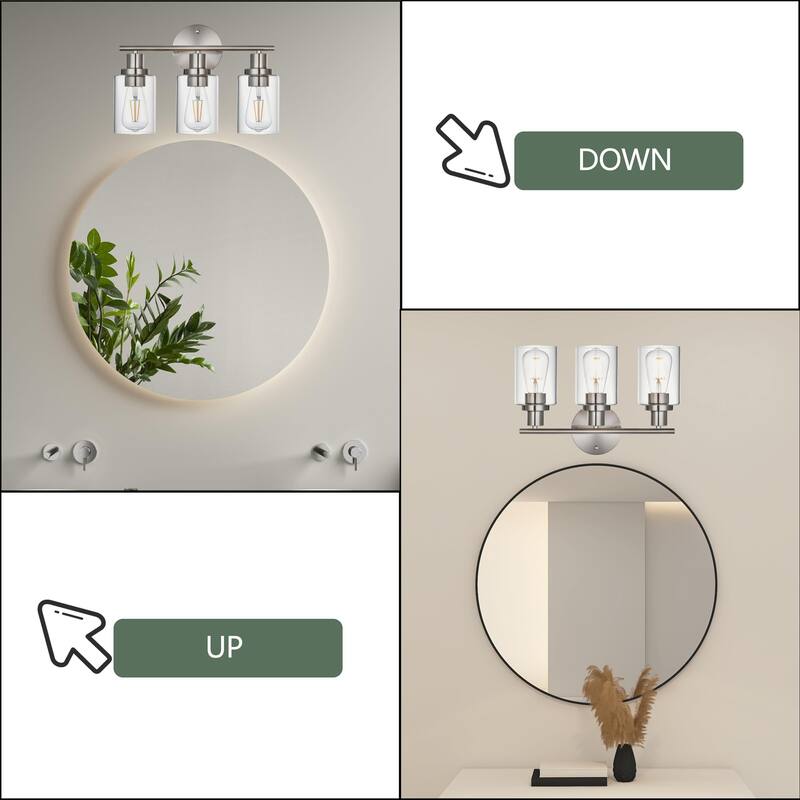 3-Light Bathroom Light Fixtures, Brushed Nickel Modern Vanity Lights Over Mirror with Clear Glass Shade, Bathroom Wall Lamp