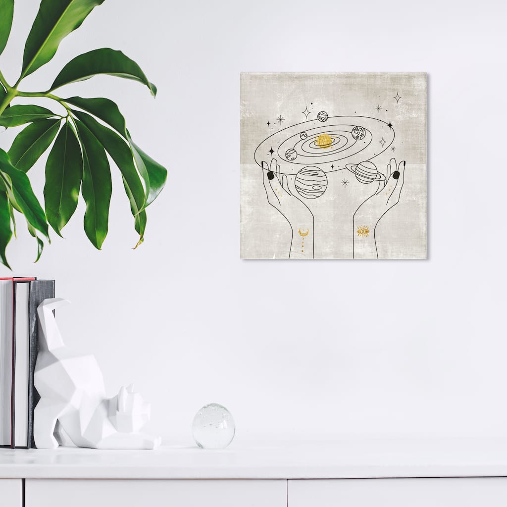 Wynwood Studio Canvas Astronomy and Space World In your Hands Black and Metallic Gold Glam Wall Art Canvas Print