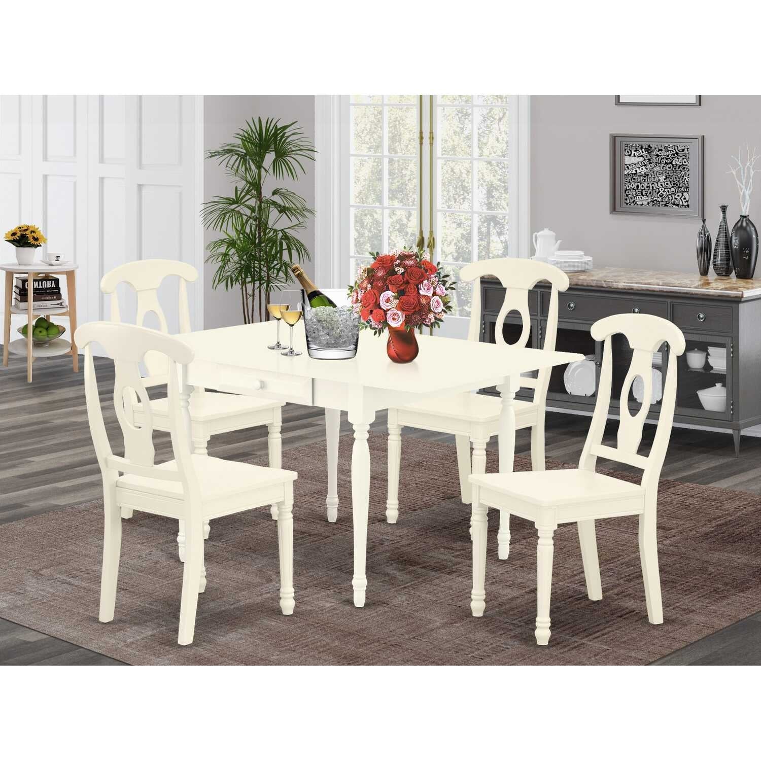 5-Piece Linen White Finish Solid Wood Top - Dining Room Set - Seats 4
