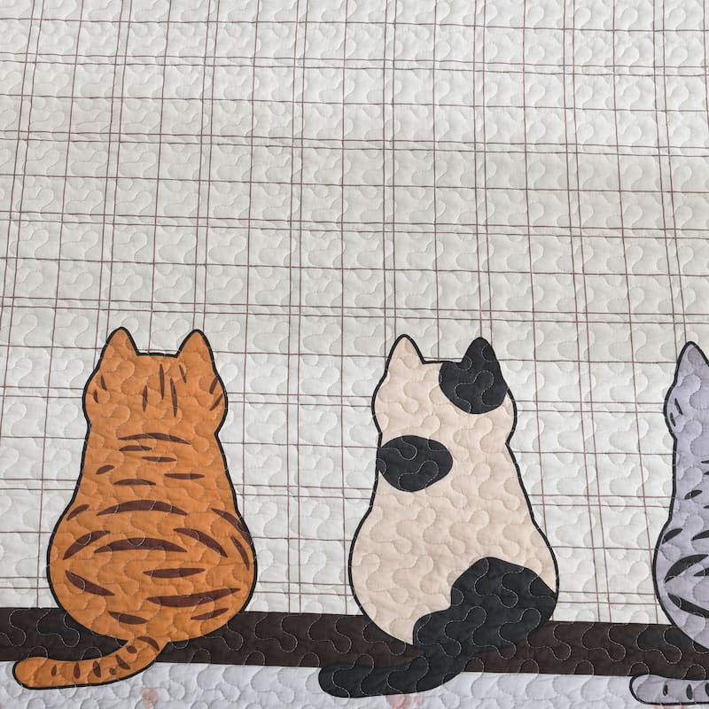 3 Pcs Cat Silhouette Checkered Quilt Bedspread Set