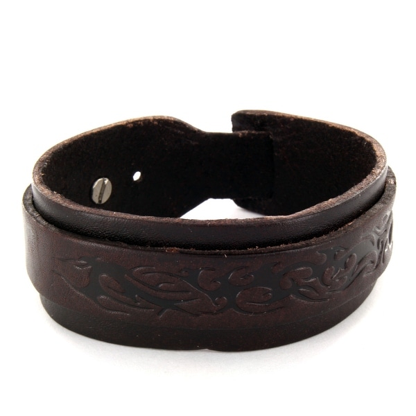 Men's Brown Leather Bracelet with Buckle Wrap Tribal Design (24 mm) - 8 in