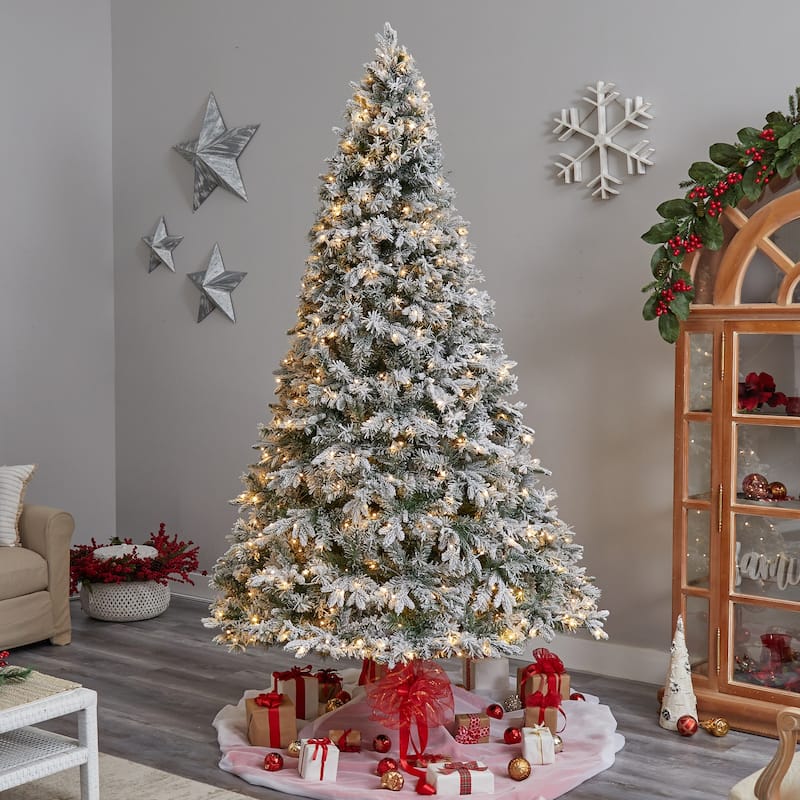 9ft Flocked Christmas Tree with Lights, Artificial Pine Tree, Holiday Decor, Realistic Holiday Tree - Green - 108