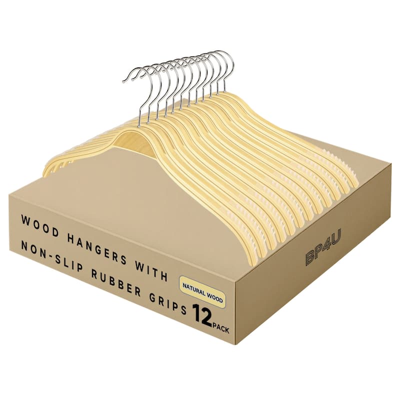 BP4U Wooden Clothes Hangers, Lightweight Slim Birch Wood Shirt Top Hangers for Dress, Sweaters, Jackets, and Camisoles - 12-Pack - Natural Wood