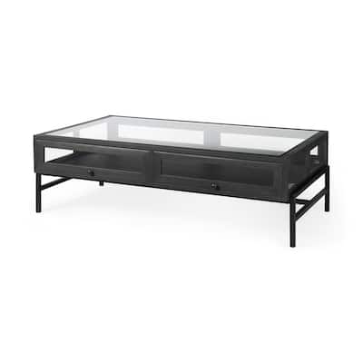 Arelius Dark Brown Solid Wood w/ Black Iron Base Rectangular Display Coffee Table - 48"L x 28"W x 15"H