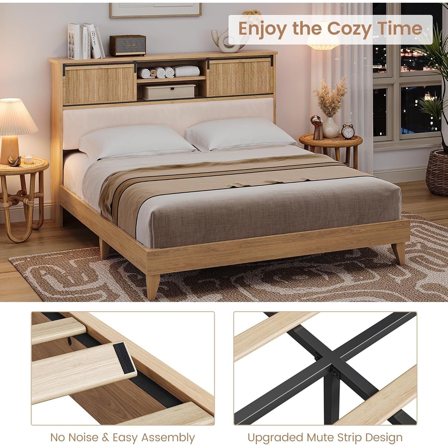 Bed Frame with Headboard & Storage Shelves, No Box Spring