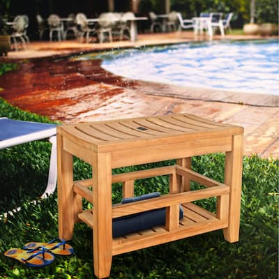 Seven Seas Teak Rustic Teak Wood Malibu Shower Stool With Shelf