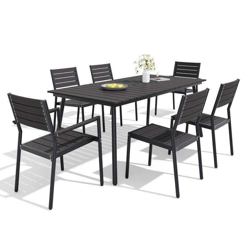 7-Piece Outdoor Patio Dining Set Wood-Like Table Top Alumium Umbrella Hole Table with Stackable Chairs