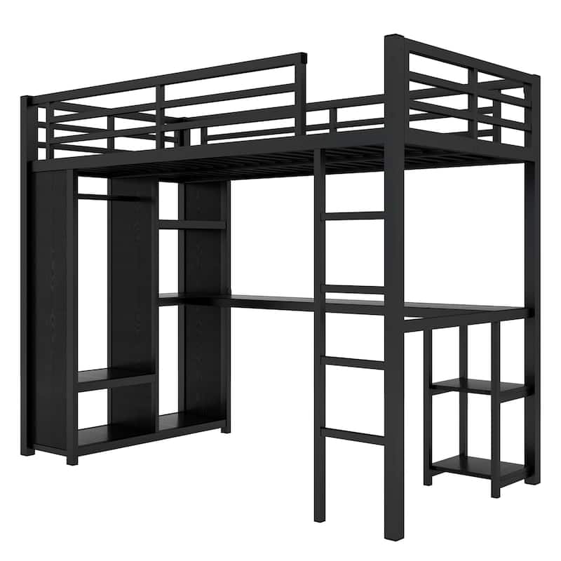 Twin XL Size Metal Loft Bed Frame with Built-in Wardrobe, Desk and Storage Shelves