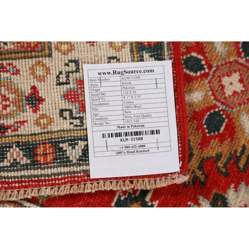 Red Geometric Kazak Foyer Rug Handmade Traditional Wool Carpet - 2'8"x 4'1"