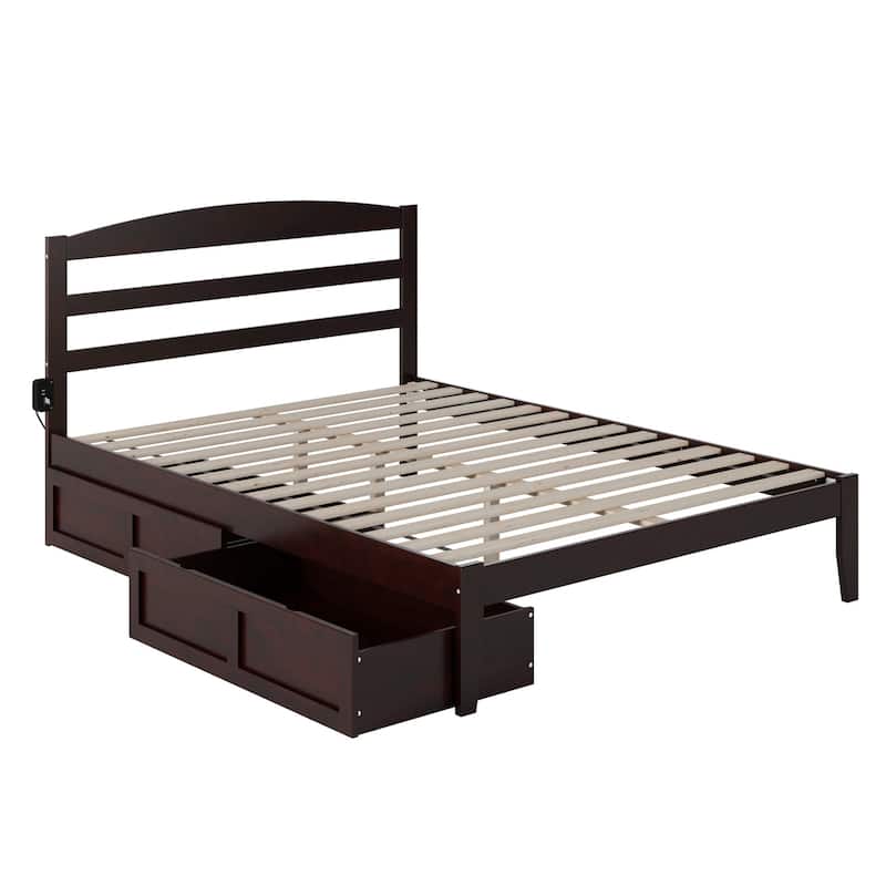 Queen Platform Bed with Storage & USB Charger - Solid Wood Bed Frame, Espresso Finish