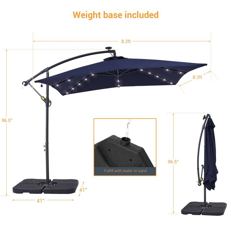 LIVOOSUN Solar Powered 8.2ft LED Patio Offset Umbrella With Base