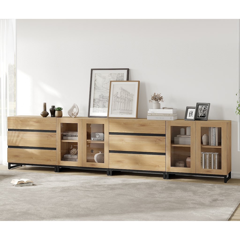 4 in 1 Modern Dresser with Glass Doors and 6 Drawers,Storage Cabinet with Adjustable Shelves, Chest of Drawers