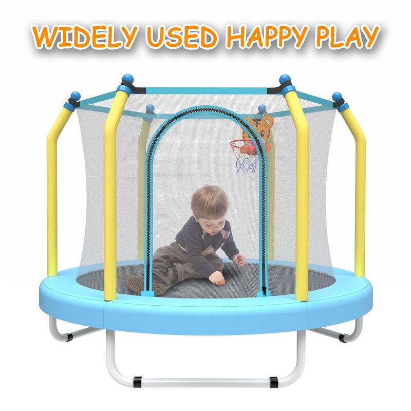 55-Inch Kids Indoor & Outdoor Toddler Trampoline with Basketball Hoop, Safety Net Included - 4.5FT
