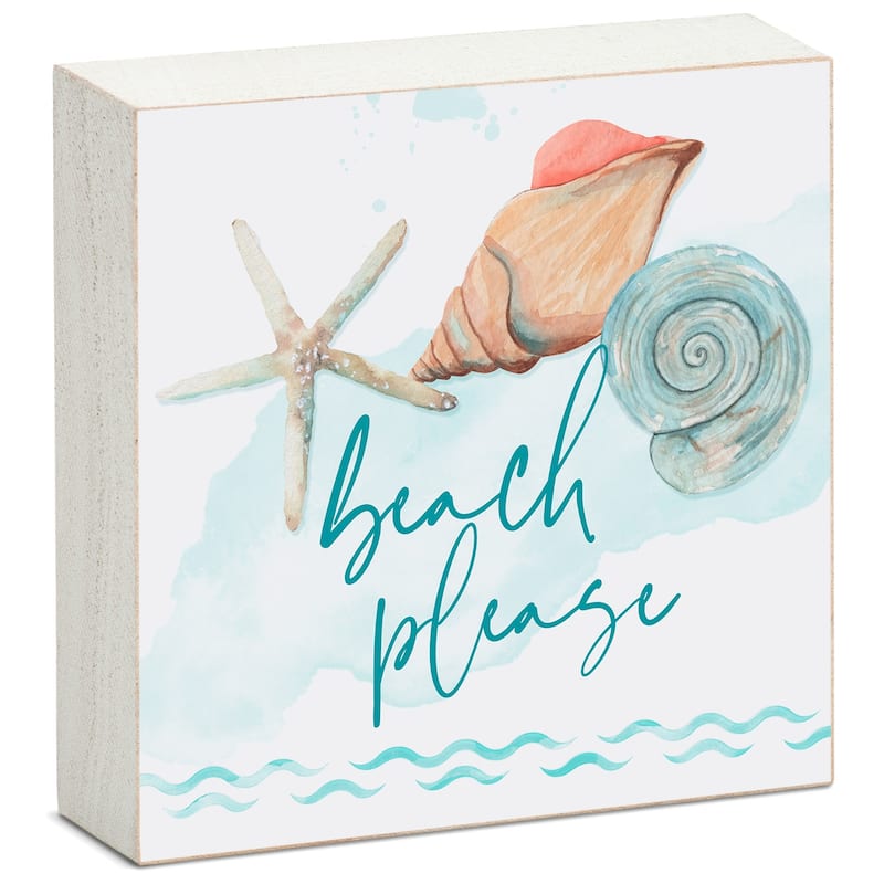 Wood Block Décor Message Beach Please Sign, 3.75 inches Square, Made in The USA - Multi-2